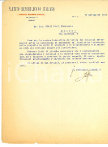 Manoscritto, lettera originale 1945 PRI MILANO Circolo Eugenio CHIESA Invito a Ferruccio STAZI 1