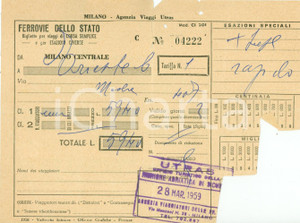 Oggetto da collezione cartaceo 1959 FERROVIE DELLO STATO Biglietto ferroviario MILANO  TRIESTE DANNEGGIATO 1