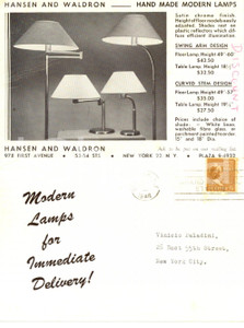 Materiale pubblicitario d’epoca 1946 NEW YORK USA Lampade HANSEN and WALDRON per Vinicio PALADINI Cartolina VG 1