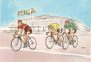 Cartolina originale da collezione 1960 ROMA XVII OLIMPIADE Ciclismo VELODROMO EUR Ill.ZURLI Cartolina 2 1