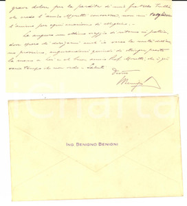 Autografo originale 1926 MILANO Ing. Benigno BENIGNI provato da lutto familiare AUTOGRAFO 1