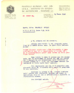 Manoscritto, lettera originale 1926 FIRENZE FRATELLI ALINARI su vendita fotografie di SPOLETO Lettera 1