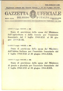 Giornale, rivista storica 10 giugno 1943 GAZZETTA UFFICIALE Supplemento Anno 84 n°134 Previsione ministeri 1