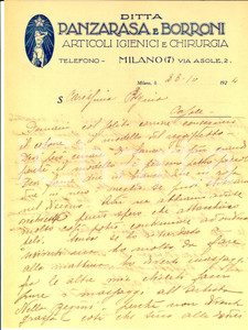 Manoscritto, lettera originale 1924 MILANO Ditta PANZARASA e BORRONI Massaggi dimagranti a Nella REGINI 1