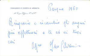 Autografo originale 1960 ROMA III Corpo d Armata Generale Ino CAVANI Biglietto AUTOGRAFO 1