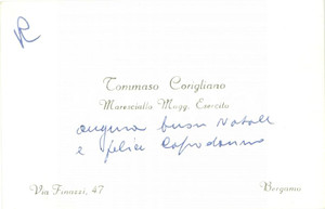 Autografo originale 1960 ca BERGAMO Maresciallo Maggiore Tommaso CORIGLIANO Biglietto con AUTOGRAFO 1
