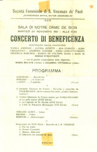Materiale pubblicitario d’epoca 1931 TRIESTE Concerto beneficenza Società Femminile SAN VINCENZO DE  PAOLI 1