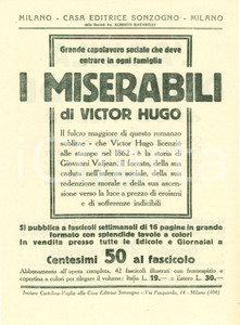 Oggetto da collezione cartaceo 1925 ca SONZOGNO Victor HUGO I miserabili Jo VALLE Aquila delle ANDE Volantino 1