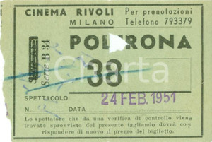 Oggetto da collezione cartaceo 1951 MILANO via Cerva 35 CINEMA RIVOLI Biglietto poltrona 1 1