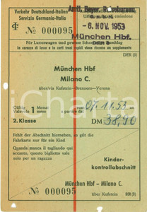 Oggetto da collezione cartaceo 1953 Servizio ferroviario GERMANIAITALIA Biglietto MUNCHENMILANO via BRENNERO 1