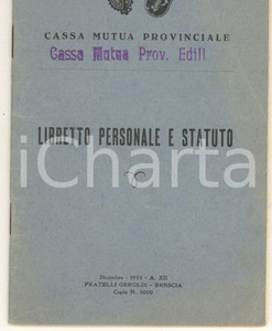Documento originale, autentico 1933 GARDONE RIVIERA BS Giardiniere Battista GHIRARDI Cassa Mutua Edili 1