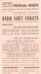 Materiale pubblicitario d’epoca 1939 TRIESTE Radio SIDET varietÃ  assi del microfono a Politeama ROSSETTI 1