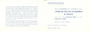 Oggetto da collezione cartaceo 1955 MILANO CIRCOLO STAMPA Ferruccio PARRI Conferenza problemi Trieste INVITO 1
