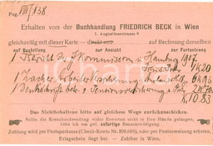 Cartolina originale da collezione 1907 WIEN AU Buchhandlung Friedrich BECK Cedola ordinazione Cartolina FP VG 1