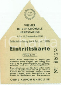 Oggetto da collezione cartaceo 1951 WIEN AU Biglietto per WIENER Internationale HERBSTMESSE Cinture FINA 1