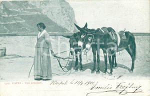 Cartolina originale da collezione 1901 CAPRI NA Giovane contadina con tiro di asini Cartolina FP VG 1