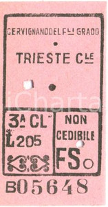 Oggetto da collezione cartaceo 1951 FERROVIE DELLO STATO FFSS Biglietto CERVIGNANO DEL FRIULI  TRIESTE 3 CL 1