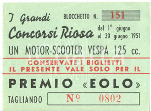 Oggetto da collezione cartaceo 1951 TRIESTE Birreria RIOSA Concorso EOLO VESPA 125 cc. biglietto 1