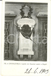 Cartolina originale da collezione 1903 CASALE MONFERRATO AL Lapide casalesi caduti a DOGALI FP VG 1