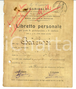 Documento originale, autentico 1922 GENOVA Libretto personale Società  GARIBALDI Francesco GRAZIOSI 1
