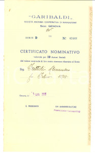 Documento originale, autentico 1936 GENOVA Certificato azioni SocietÃ  GARIBALDI Alessandro FRITTOLI 1