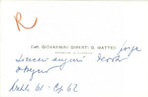 Autografo originale 1961 MILANO ? Gian Matteo GIOVANNINI GIBERTI Maggiore Fanteria AUTOGRAFO 1