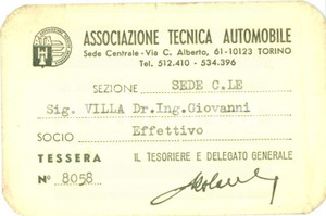 Oggetto da collezione cartaceo 1978 TORINO ATA Associazione Tecnica Automobile Ing. Giovanni VILLA Tessera 1