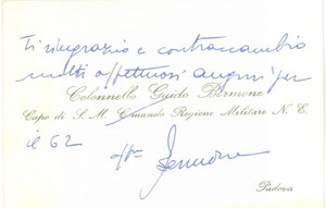 Autografo originale 1961 PADOVA Colonnello Guido BERMONE Comando Regione Militare N.E. AUTOGRAFO 1