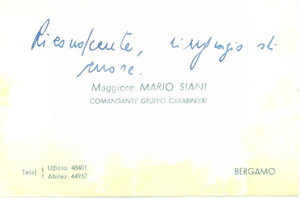 Autografo originale 1960 ca BERGAMO Maggiore Marco SIANI Comandante Carabinieri AUTOGRAFO 1