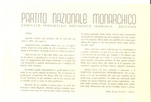 Materiale pubblicitario d’epoca 1948 BOLZANO ELEZIONI REGIONALI Partito Nazionale Monarchico Movimento Femminile 1