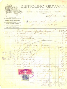 Documento originale, autentico 1932 MILANO Giovanni BERTOLINO ramiere Fattura intestata per cucina economica 1