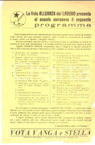 Materiale pubblicitario d’epoca 1954 SORIANO NEL CIMINO VT Programma ALLEANZA DEL LAVORO Vota VANGA E STELLA 1