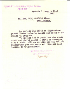 Manoscritto, lettera originale 1940 VENEZIA Milizia Artiglieria Marittima  Punizione allievo Aldo GARGANO 1