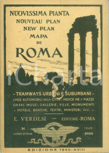 Materiale pubblicitario d’epoca 1940 GUIDE VERDESI Nuovissima pianta di ROMA tramways urbani e suburbani 1