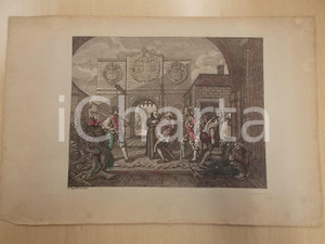 Stampa, bozzetto originale 1820 ca William HOGARTH The Gate of CALAIS Stampa colorata mano 1