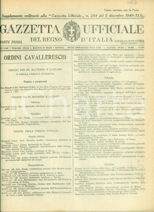 Documento originale, autentico 1940 GAZZETTA UFFICIALE Concessione dei nuovi ordini cavallereschi Decreto 1