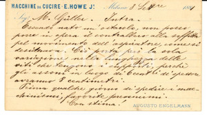Documento originale, autentico 1881 MILANO Augusto ENGELMANN Macchine da cucire E. HOWE Jr Cartolina 1