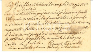 Documento originale, autentico 1880 ASCONA Canton Ticino Giuseppe FARINELLI ripara pala del mulino 1