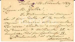 Documento originale, autentico 1879 VERBANIA PALLANZA Ditta MENOZZI su fori per ruote vagoni Cartolina FP VG 1