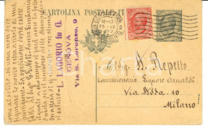 Documento originale, autentico 1922 GENOVA Ditta L. LAGORIO acquista liquore ARNALDI Cartolina FP VG 1