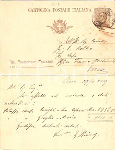 Documento originale, autentico 1929 LUINO VA Ing. Francesco PICCARDI strade VAL VEDDASCA Cartolina FP VG 1