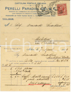 Documento originale, autentico 1909 MILANO Coloniali PERELLI PARADISI, GEI & C. Cartolina FP VG 1