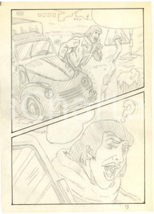 Stampa, bozzetto originale 1970 Fumetto erotico LANDO incidente Tavola originale a matita su lucido LUBE 1