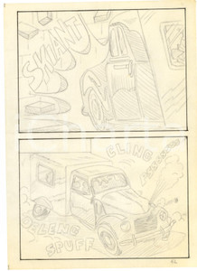 Stampa, bozzetto originale 1970 Fumetto erotico LANDO camion Tavola originale a matita su lucido LUBE 1