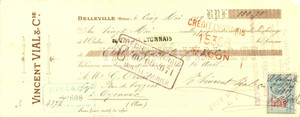 Oggetto da collezione cartaceo 1919 BELLEVILLE SociÃ©tÃ© Vincent VIAL & Compagnie Cambiale pubblicitaria 1