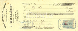 Oggetto da collezione cartaceo 1919 OYONNAX J. GRANDCLEMENT vins eaux de vie de Marc Cambiale pubblicitaria 1