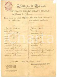 Documento originale, autentico 1873 MARMORA CN Nozze tra Antonio ISOARDI e Maria ELLENA Pubblicazioni 1