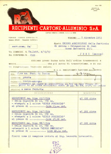 Documento originale, autentico 1953 Torino RECIPIENTI CARTONE  ALLUMINIO S.P.A. Fattura intestata 1