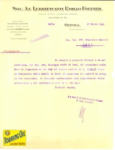 Manoscritto, lettera originale 1926 GENOVA SocietÃ  Anonima Lubrificanti EMILIO FOLTZER Lettera intestata 1