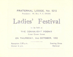 Oggetto da collezione cartaceo 1952 UK MASSONERIA Fraternal Lodge 5212 Ladies  Festival Biglietto 1